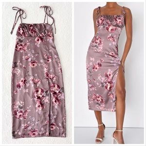 NWOT Lulus Fleur-ty Behavior Mauve Floral Satin Tie-Strap Midi Dress Medium